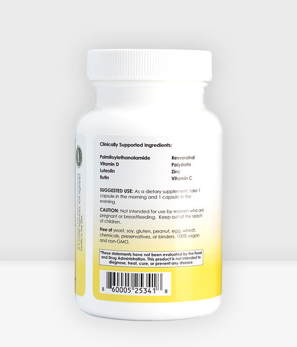 Mirica Immune Bottle Side Label - Includes Palmitoylethanolamide, Resveratrol, Polydatin and Vitamin D